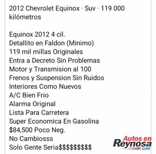 Chevrolet Equinox 2012 4 cil automatica americana