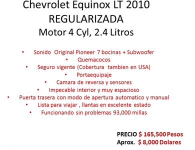 Chevrolet Equinox 2010 4 cil automatica regularizada