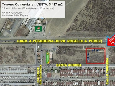 Terreno COMERCIAL Venta Pesqueria 3417 m2 Carretera a PESQUERIA 1 km. a Carr M A