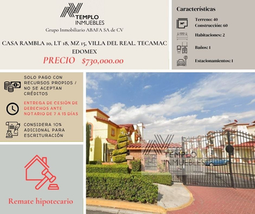 Vendo Casa En Rambla 10, Lt 18, Mz 15, Villa Del Real. Tecamac Edomex. Remate Bancario. Certeza Jurídica Y Entrega Garantizada