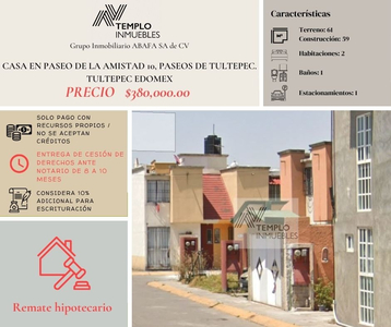 Vendo Casa En Paseo De La Amistad 10, Paseos De Tultepec. Tultepec Edomex. Remate Bancario. Certeza Jurídica Y Entrega Garantizada