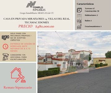 Vendo Casa En Privada Miraflores 14, Villas Del Real. Tecámac Edomex. Remate Bancario. Certeza Jurídica Y Entrega Garantizada