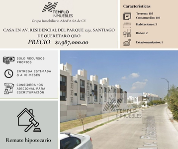 Vendo Casa En Av. Residencial Del Parque 1231 Casa 1. Santiago De Querétaro Qro. Remate Bancario. Certeza Jurídica Y Entrega Garantizada